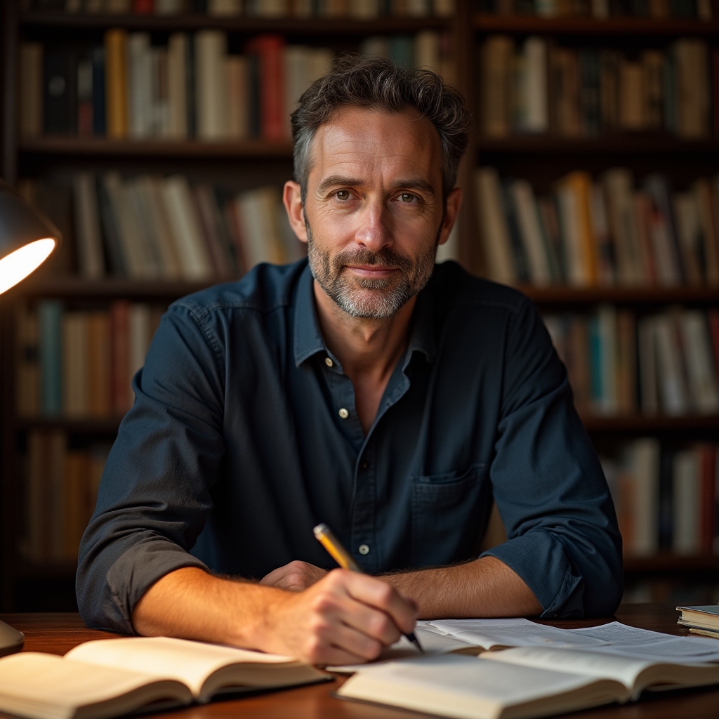 Porträt des Narbelois-Autors an einem Schreibtisch mit Büchern und Notizen