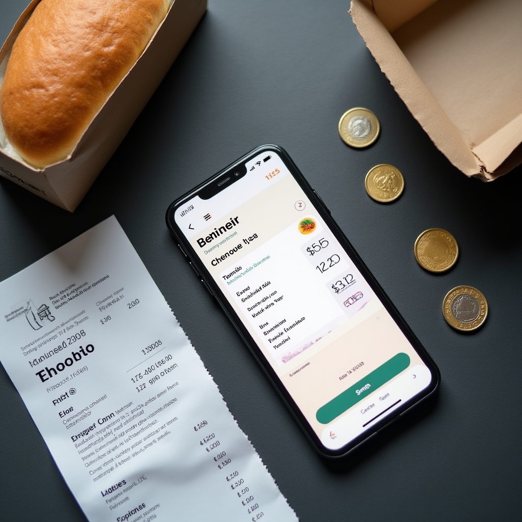 Lieferdienst-App auf Smartphone neben Essensrechnung