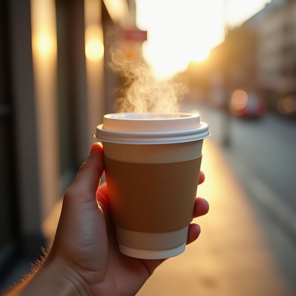 Nahaufnahme eines Coffee-to-go-Bechers mit Dampf