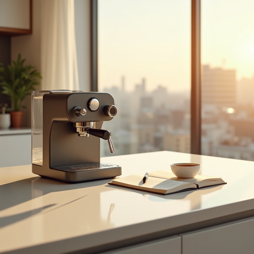 Kaffeemaschine neben ausgebreitetem Budget-Notizbuch auf einem Schreibtisch