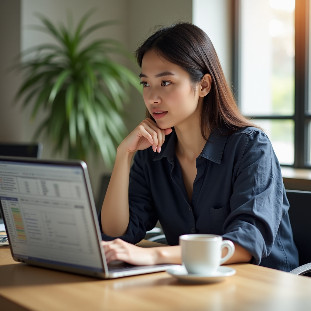 Person mit Laptop und Kaffeetasse, die nachdenklich auf Zahlen schaut